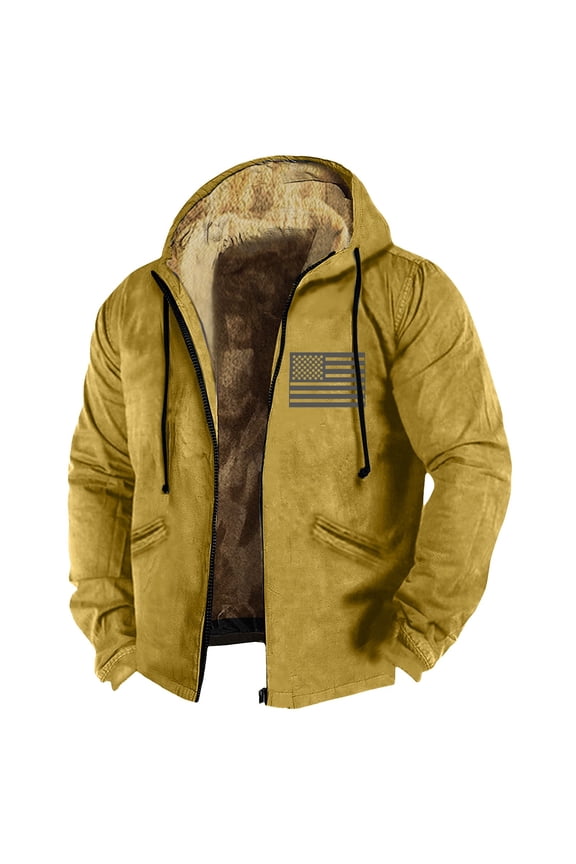 Plus Size Fleece Lined Jacket for Men Sherpa Full-Zip Hood 2024 Winter Coats Big and Tall American Flag Print Thickened Fleece Hiking Coat with Pockets,Yellow 7XL