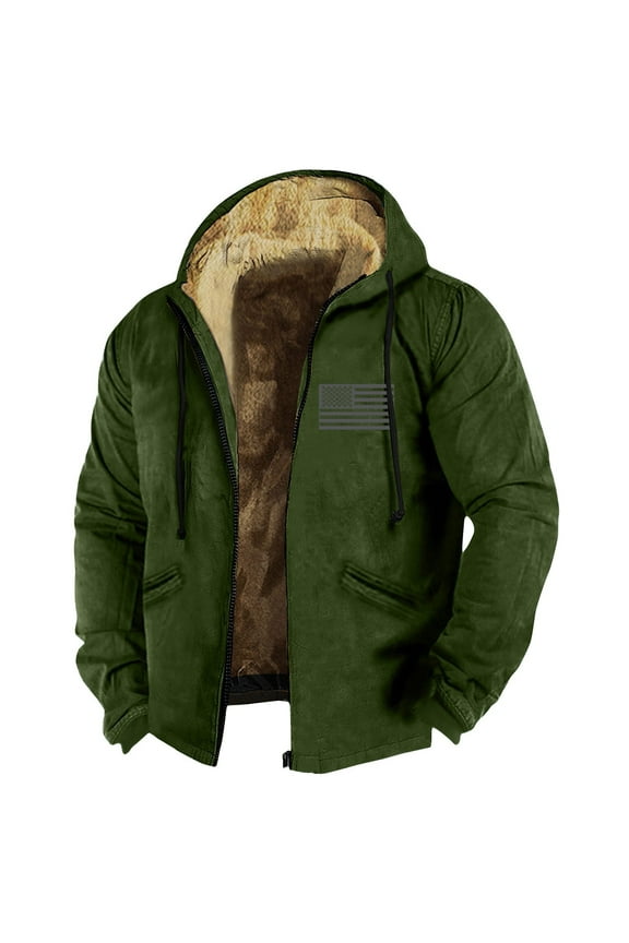 Plus Size Fleece Lined Jacket for Men Sherpa Full-Zip Hooded Jackets Big and Tall American Flag Print Zipper Hiking Coat for Outdoor,Army Green 2XL