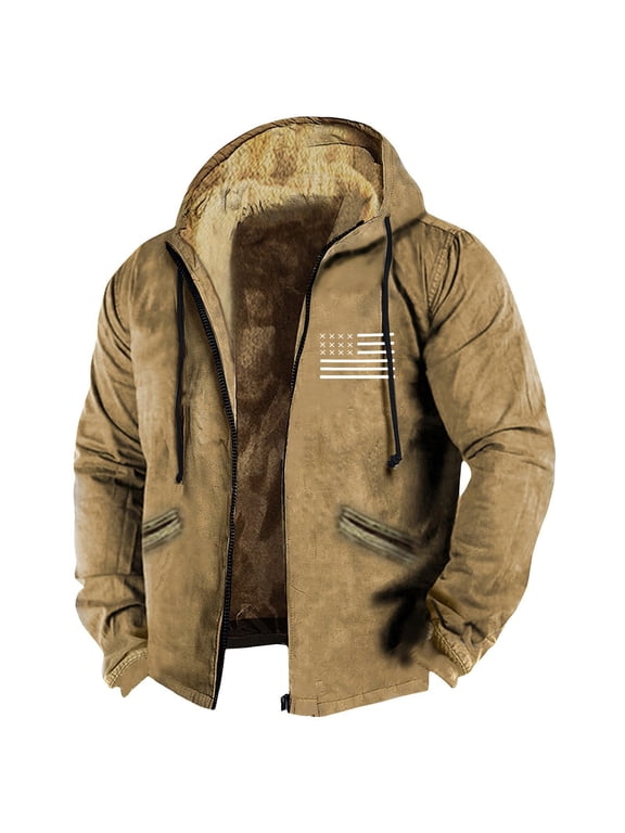 GIPQJK Plus Size Fleece Lined Jacket for Men Thick Sherpa Full Zip Hood 2024 Winter Coats Big and Tall Usa Flag Print Thickened Fleece Outwear with Pockets,Yellow 4XL