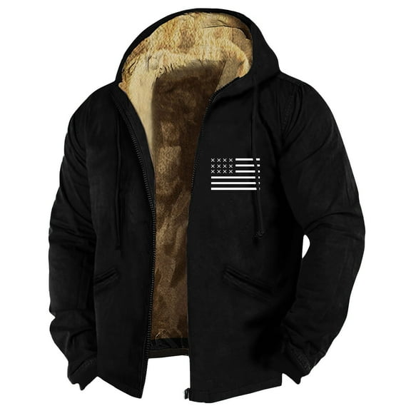 GIPQJK Plus Size Fleece Lined Jacket for Men Sherpa Full-Zip Hooded Jackets Big and Tall Usa Flag Print Zipper Hiking Coat with Pockets,Black 2XL