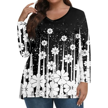 GIPQJK Plus Size Oversized Women's T-Shirt 4x-5x Color Block Long Sleeve Tunic Crew Neck Casual Loose Tees Blouses,Black 5XL