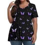 GIPQJK Plus Size Oversized Women's T-Shirt 4x-5x Short Sleeve Tops Henley Neck Casual Loose Clothes,Purple 5XL