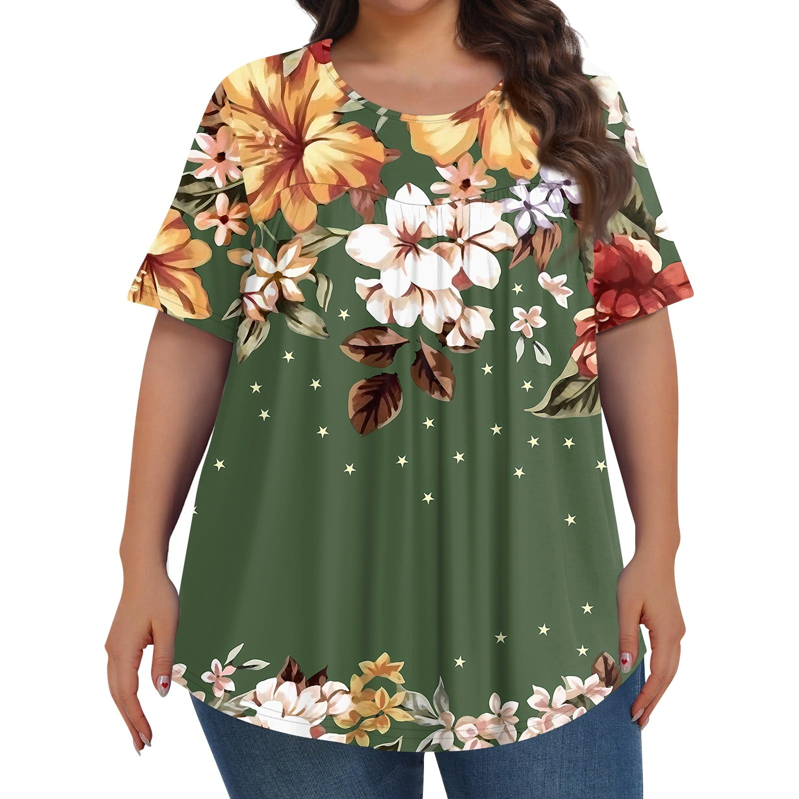 GIPQJK Plus Size TShirts for Women Summer Flowy Pleated Crewneck Tops