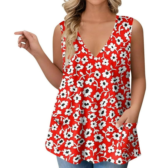GIPQJK Plus Size Tank Tops for Women V Neck Casual Sleeveles Tanks Floral Print Summer Outfits Clothes with Pockets,Red XL