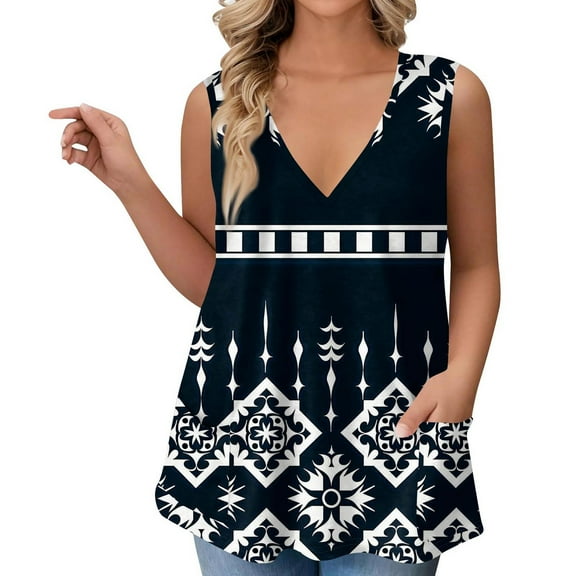 GIPQJK Plus Size Tank Tops for Women V Neck Loose Fit Sleeveles Tanks Floral Print Summer Outfits Clothes with Pockets,Dark Blue 4XL