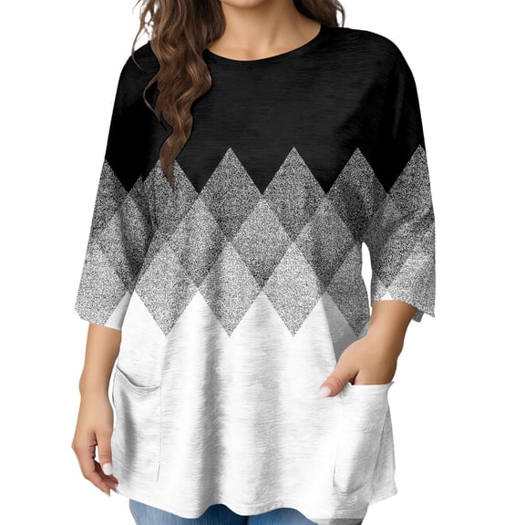 GIPQJK Plus Size Tops for Women 3/4 Sleeve Round Neck Oversized Fit T Shirts Basic Color Block Tunic Tops Casual Lightweight Blouses with Pockets,Black 4XL