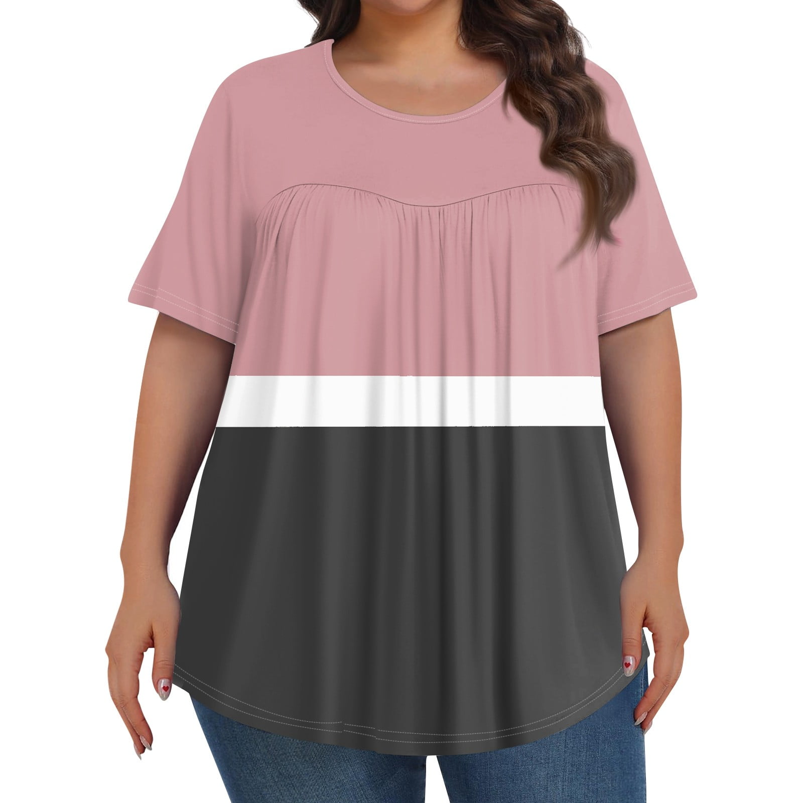 GIPQJK Plus Size Tops for Women 4x5x Pleated Front Crewneck Elbow
