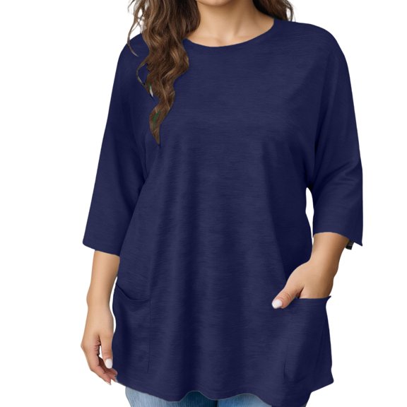 GIPQJK Plus Size Tops for Women 3/4 Length Sleeve Crewneck Loose Tee Shirt Basic Solid Tunic Tops Casual Lightweight Blouses with Pockets,Navy 2XL