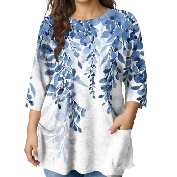 GIPQJK Plus Size Tunic Tops for Women 3/4 Length Sleeve Crewneck Loose Shirts Basic Floral Tunic Tops Casual Lightweight Blouses with Pockets,Blue 4XL