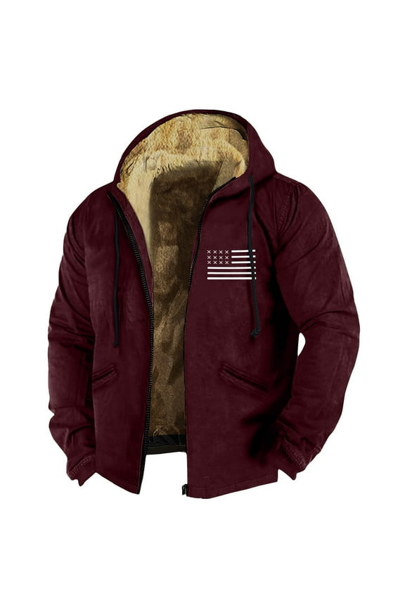 Plus Size Warm Winter Coats for Men Usa Flag Print Sherpa Lined Hoodies Coats Fall Winter Big and Tall Full Zip Sherpa Warm Outwear with Pockets,Red 5XL