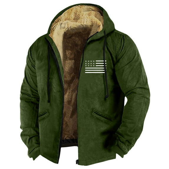 GIPQJK Plus Size Fleece Jacket for Men Sherpa Lined Full Zip Hood 2024 Winter Coats Big and Tall Usa Flag Print Zipper Hiking Coat for Outdoor,Army Green XL