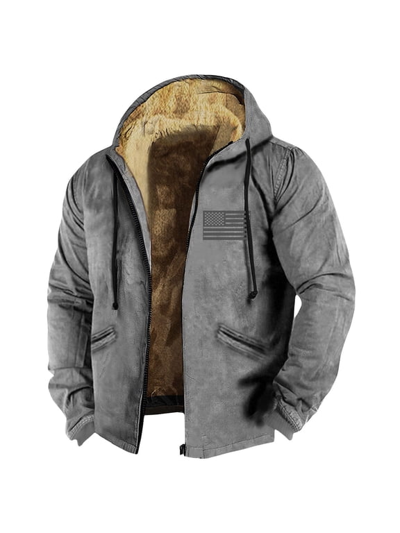 GIPQJK Plus Size Winter Coats for Men 6x-7x American Flag Print Thick Sherpa Hooded Jackets Fall Winter Big and Tall Full Zip Thickened Fleece Hiking Coat with Pockets,Gray 5XL