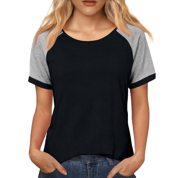 GIPQJK Raglan Short Sleeve Tops for Women Casual Color Block Round Neck Tshirts Summer Loose Trendy Clothes,Black M