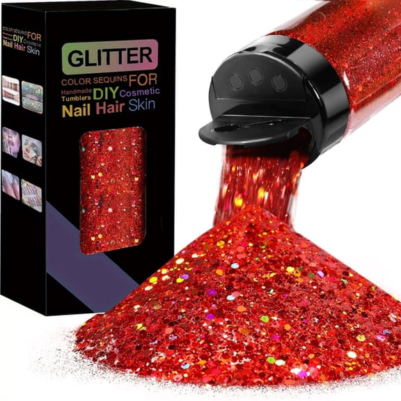 GIPQJK Red Holographic Glitter Powder 50g, Laser Coarse PET Fine Sparkle for Face Eyes Nails Slime Epoxy Resin DIY Crafts Holiday Decor Red