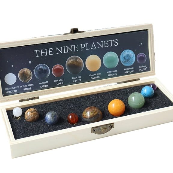 GIPQJK Solar System Crystal Set 9 Planets Gemstone Spheres Natural Stone Planet Model Wooden Box Desk Ornament Astronomy STEM Gift for Kids Adults Home Office Decor Educational Science Prop