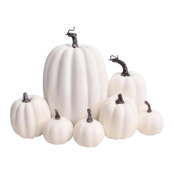GIPQJK Summerween 7 PC White Artificial Pumpkin Set, Rustic Farmhouse Fall Decor, Halloween Thanksgiving Centerpiece for Kitchen Dining Table Mantel, Faux Gourd Ornaments White