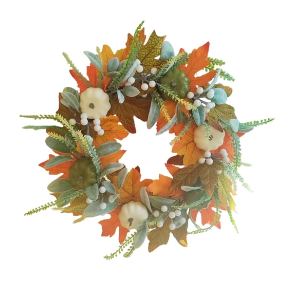 GIPQJK Summerween Artificial Flower Wreath with White Pumpkin Rabbit Leaves for Autumn Fall Home Decor Front Door Hanging Craft Gift 40cm Round Design Glue Included A