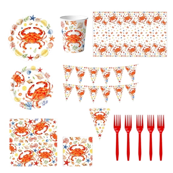 GIPQJK Summerween Crab Themed Disposable Party Tableware Set, 7 Inch & 9 Inch Plates, Cups, Napkins, Forks, Tablecloth, Flags for Kids Birthday Seafood Dinner Decorations 1