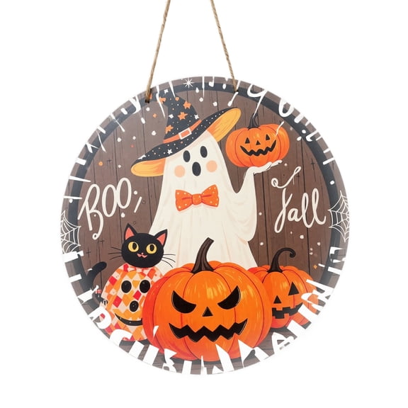 GIPQJK Summerween Halloween Wooden Pumpkin Round Sign 20cm Hanging Door Decor for Party Fall Home Decoration Plaque Creative Boo Theme Outdoor Indoor Use B