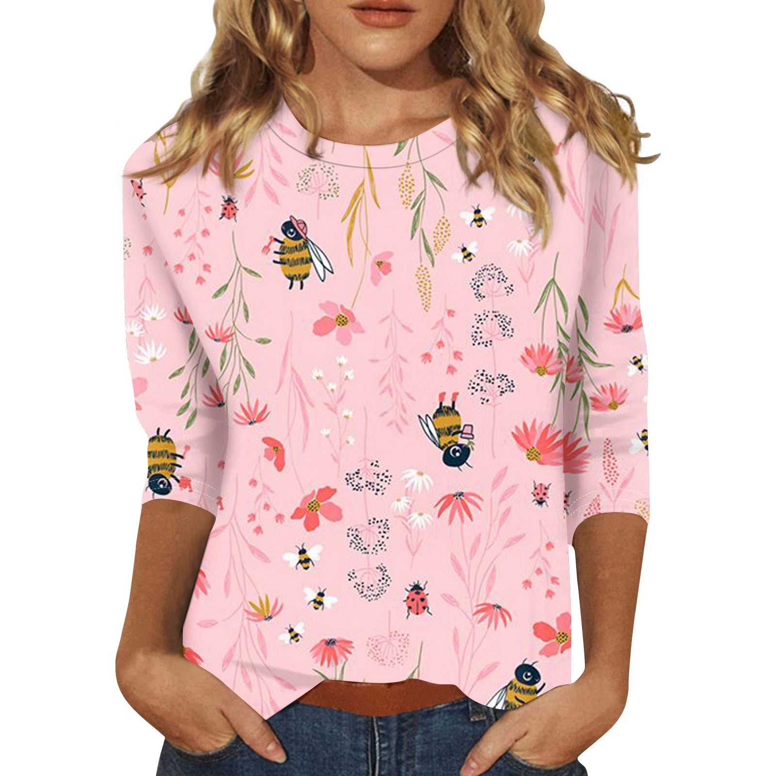 Women's Raglan Baseball Tee - 3/4 Sleeve Round Neck Patchwork Print Blouse, Red - View #6