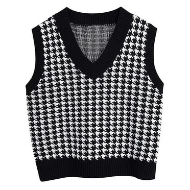 GIPQJK Sweater Vest Women Plaid Knitted Sleeveless V Neck Sweaters Vets 2024 Fall Trendy Striped Loose Pullover Tank Tops Black,L