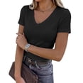 thumbnail image 1 of GIPQJK T Shirts for Women Deep V Neck Short Sleeves Spring Basic T-Shirts Going Out Casual Fashion Slim Fit Tops,Black M, 1 of 5