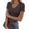 thumbnail image 1 of GIPQJK T Shirts for Women Deep V Neck Short Sleeves Summer Basic Tshirts Going Out Casual Trendy Slim Fitted Tops,Coffee L, 1 of 5