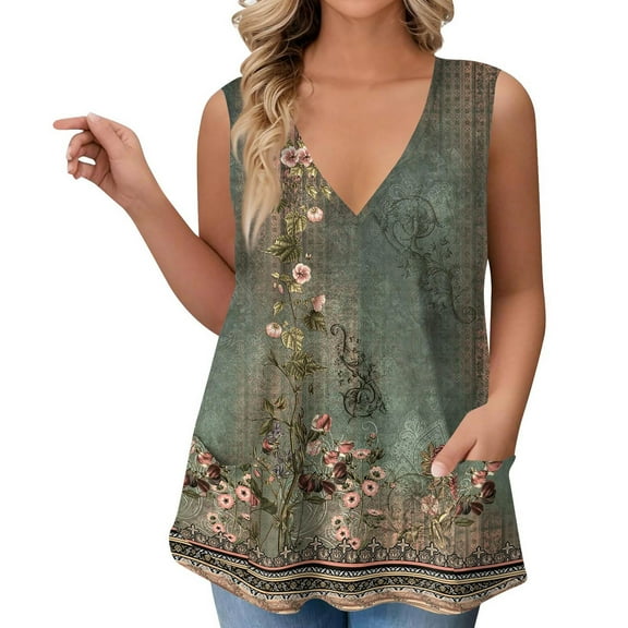 GIPQJK Tank Top for Women Plus Size V Neck Sleeveless Tunic Shirts Casual Loose Fit Floral Print 2025 Summer Workout Tank Top with Pockets,Army Green 3XL