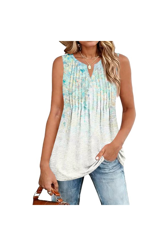 Tank Top for Women Sleeveless Loose Ruched Casual Shirts V Neck Summer Fashion Vintage Floral Shirts Blouse,Light Brown XL