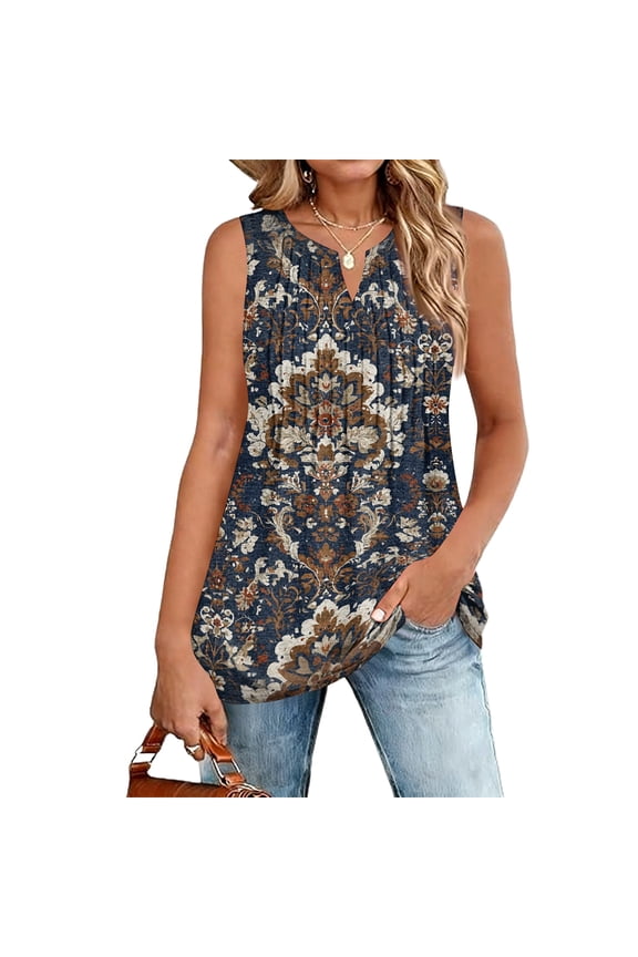 Tank Tops for Women Sleeveless Loose Fit Ruched Casual Tanks V Neck Summer Fashion Vintage Floral Clothes,Camel 3XL