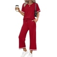 thumbnail image 1 of GIPQJK Two Piece Sets for Women Short Sleeve Crew Neck Casual Top Drawstring Striped Baggy Pants Vacation Solid Color Outfits,Red S, 1 of 6