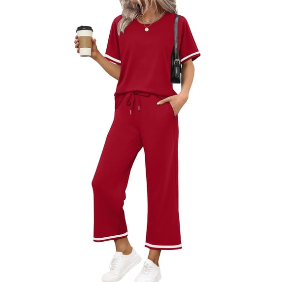 GIPQJK Two Piece Sets for Women Short Sleeve Crew Neck Casual Top Drawstring Striped Baggy Pants Vacation Solid Color Outfits,Red S