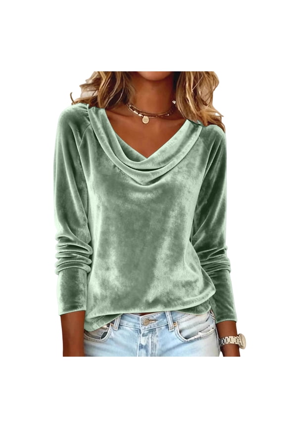 Velvet Blouses for Women Cowl Neck Long Sleeve Loose Fit Tshirts Ruched Warm Dressy Pullover Lightweight Vintage Business Blouses,Green M