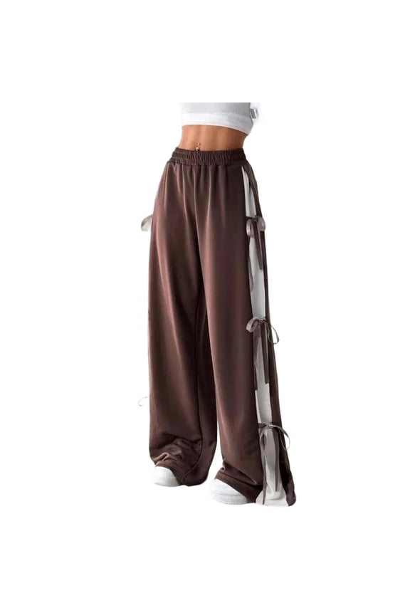 Wide Leg Sweatpants for Women High Elastic Waist Y2k Bow Cute Loose Pants Lightweight Loose Fit Barrel Sweat Pants with Pockets,Coffee S