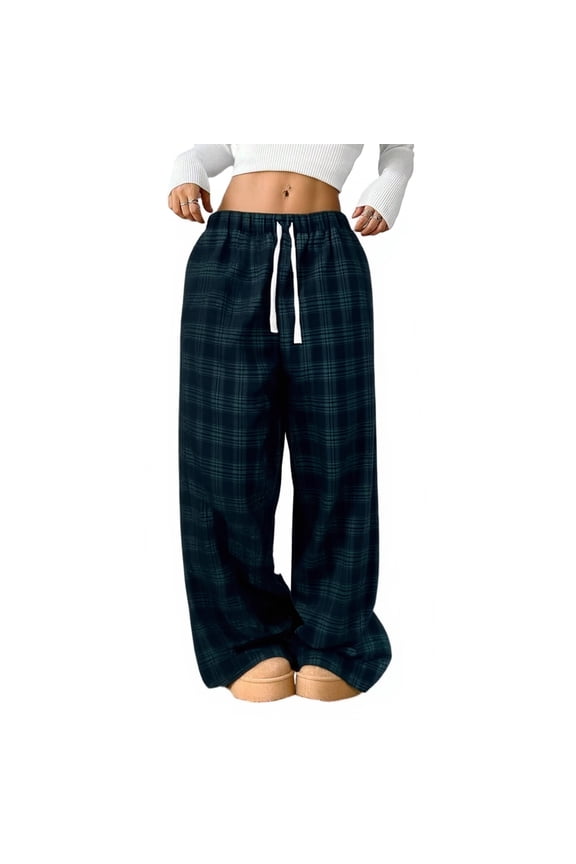 Woman Plaid Baggy Pants High Waisted Y2k Wide Leg Pants Drawstring Vintage Loose Goth Office Trousers with Pockets,Dark Green S