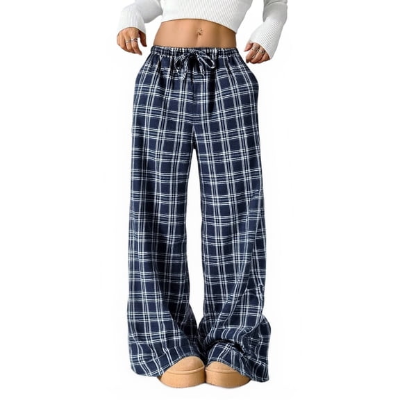 GIPQJK Woman Plaid Baggy Pants Knot Elastic Waist Grunge Wide Leg Pants Drawstring Vintage Loose Streetwear Lounge Trousers with Pockets,Blue XL