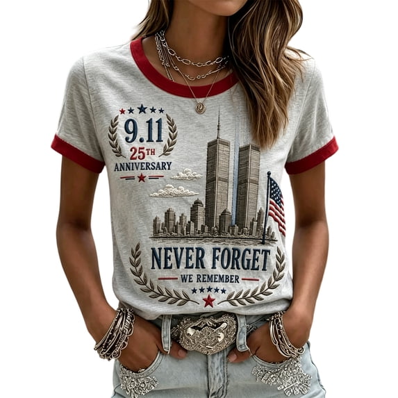 GIPQJK Women 9.11 Never Forget 25th Anniversary Commemorative T-Shirt American Flag Shirt Crewneck Short Sleeve Tshirts Patriotic We Will Never Forget Vintage Tee,Gray S