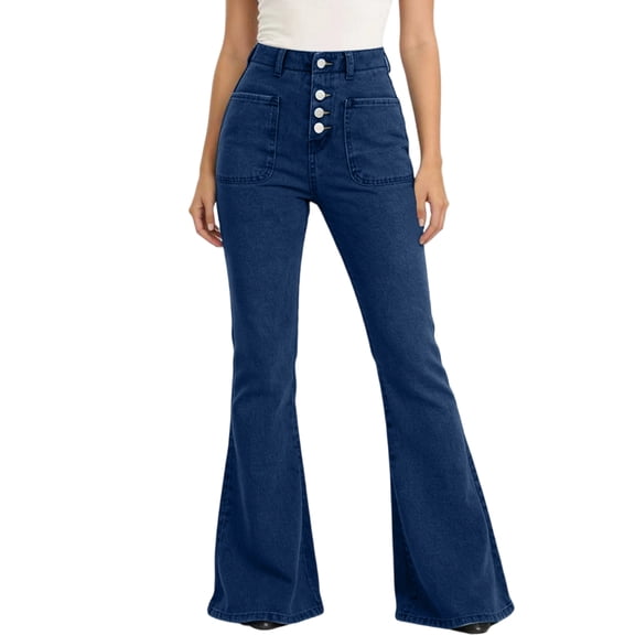 GIPQJK Women Bell Bottom Jeans Stretchy Waist Skinny Jeggings 70s Classic Wide Leg Elastic Denim Flare Pants Fashion Pants,Blue 2XL