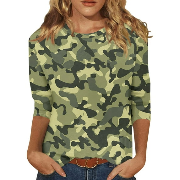 GIPQJK Women Camouflage Print Shirt 2024 Fall Graphic 3/4 Sleeve Tunic Sweatshirts Tops O-Neck Loose Fit T-Shirts Light Green,XL