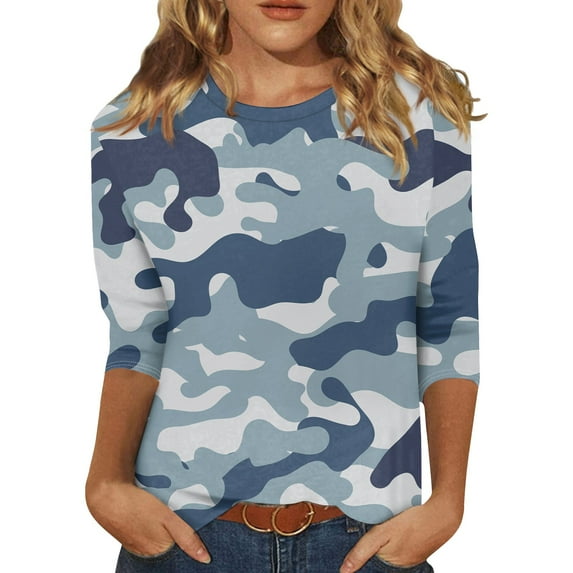 GIPQJK Women Camouflage Print Shirt Fall Trendy Graphic 3/4 Sleeve Tunic Sweatshirts Tops Round Neck Leisure Comfy Blouses Blue,S