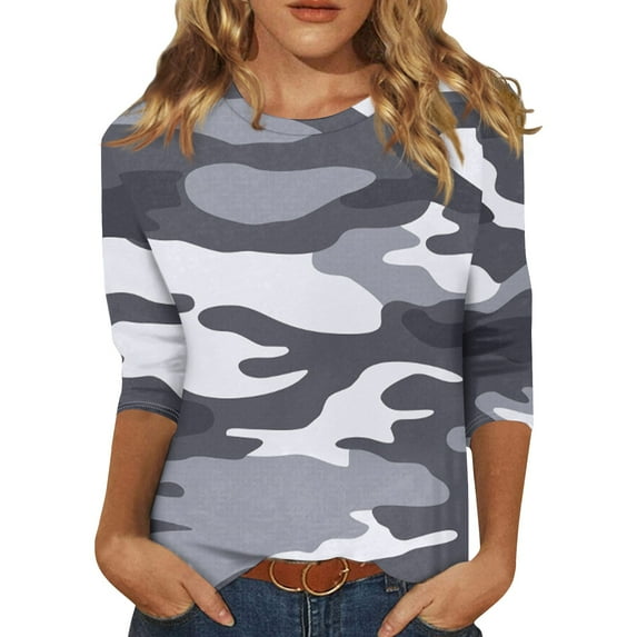 GIPQJK Women Camouflage Print Shirt Fall Trendy Graphic 3/4 Sleeve Tunic Sweatshirts Tops Scoop Neck Casual Loose Fit Pullovers Gray,M