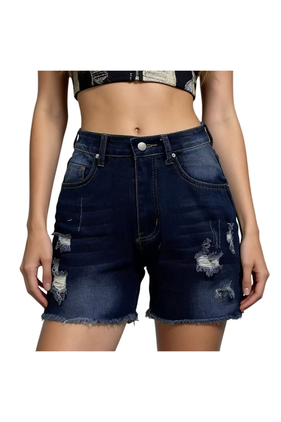 Women Jean Shorts Hight Waist Summer Ripped Stretch Skinny Hot Shorts Sexy Casual Frayed Raw Hem Beach Vacation Clothes,Navy XL