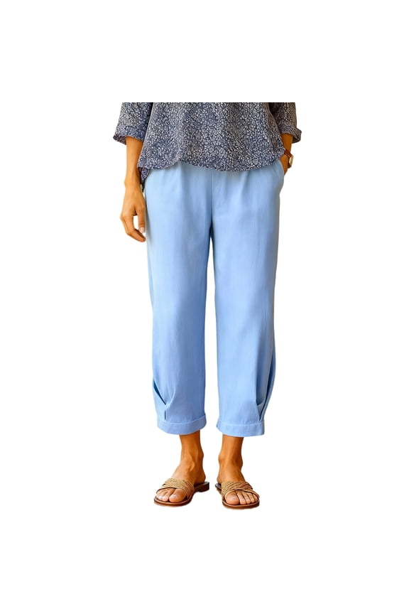Women Linen Pants Elastic Waist Drawstring Loose Fit Casual Ankle Pants Lightweight Breathable Slacks with Pockets,Sky Blue 3XL