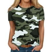 GIPQJK Women's Camo T-Shirt Summer Trendy Graphic Short Sleeve Tee Tops Scoop Neck Loose Fit Blouses,Green XL