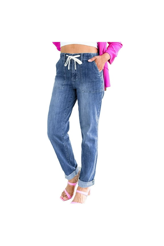 GIPQJK Women's Denim Stretch Joggers Drawstring Elastic Waist Pull On Jeans Casual Baggy Jeans Cropped Jeans with Pockets,Blue M