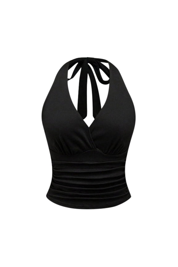 Women's Halter Tank Tops V Neck Backless Summer Sexy Slim Fit Beachwear Sleeveless Tie Up Basic Trendy Going Out Tops,Black M