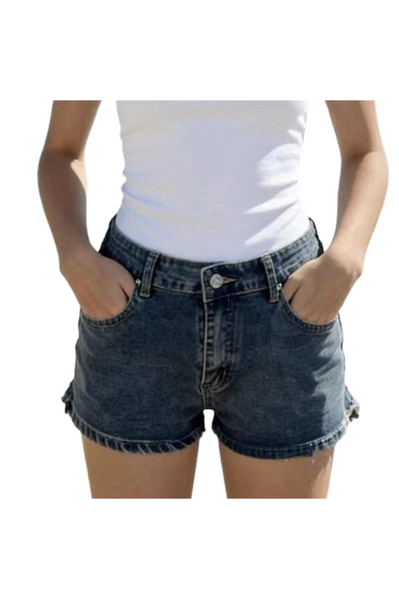 Women's Jean Shorts Low Rise Summer Straight Leg Stretch Skinny Hot Shorts Sexy Casual Frayed Raw Hem Beach Vacation Clothes,Dark Blue M