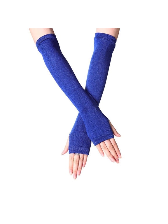 Women's Long Striped Cotton Fingerless Gloves, Arm Warmers Winter Warm Sleeves for Casual Wear, Blue