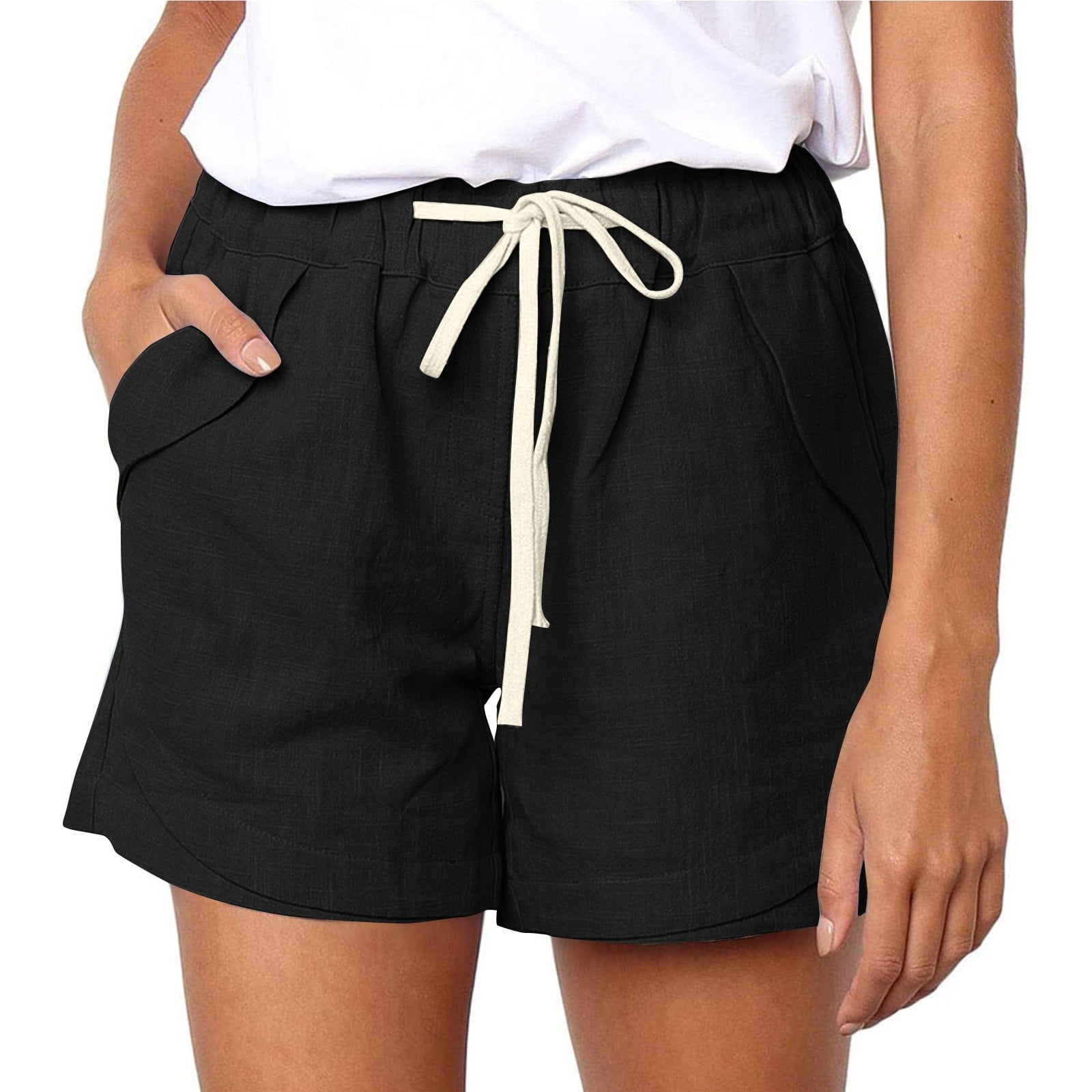 Pocket Coffee Women's Cotton Linen Summer Shorts Elastic Waist