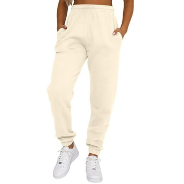 GIPQJK Women's Pants High Waisted Wide Leg Flared Pants Baggy Drawstring Sweatpants Exercise Casual Joggers with Pockets,Beige S